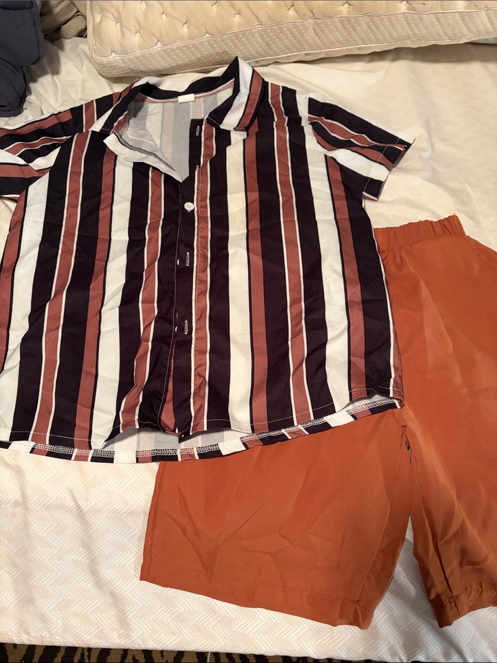 Kids Striped Button-Down Shirt in Rust, White & Black w Matching Shorts - 11/12